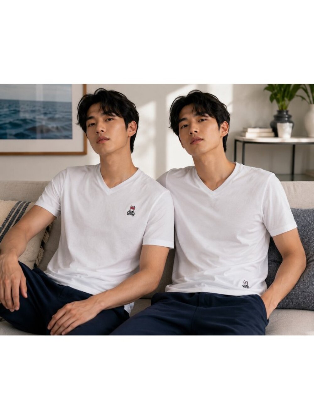 Lot of 2 Psycho Bunny Men’s Medium White V-Neck T-Shirts 100% Cotton Logo Tees